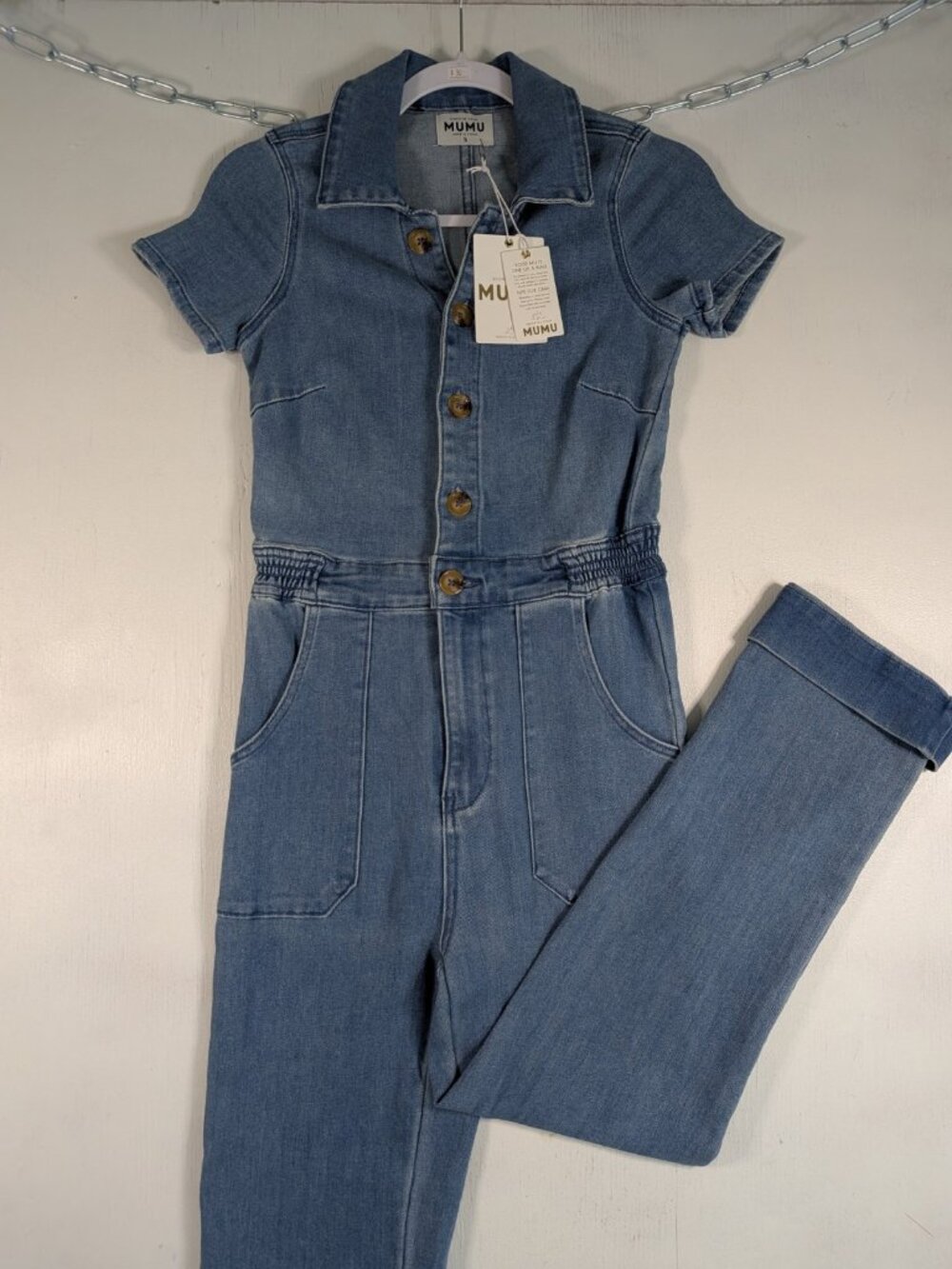 Show Me Your MuMu Women's Blue Denim Button Front Jumpsuit S Collared NWT